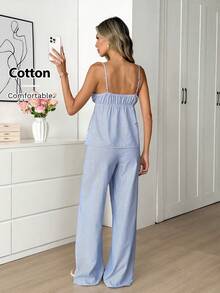 Easowa Bộ đồ 2 món dành cho nữ, gồm áo hai dây kẻ sọc xanh và quần ống đứng, thích hợp cho kỳ nghỉ. - Màu xanh lam - Xem 5