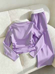 SHEIN Conjunto informal de blusa de manga larga con volantes y estampado de caballero y contraste de color, y pantalones para adolescentes - Morado - Ver 2