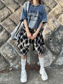 FRIFUL 女士休闲度假时尚街头标语刺绣宽松牛仔衬衫，适合日常通勤 - 藍色 - 查看 7