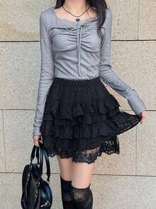 FRIFUL 女士休闲波点印花系带T恤，春秋季 - 灰色 - 查看 5