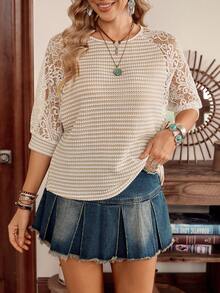 LanaWest Women's Western Casual Knit Jacquard Striped Contrast Lace Sleeve Loose Daily T-Shirt - Apricot - View 1
