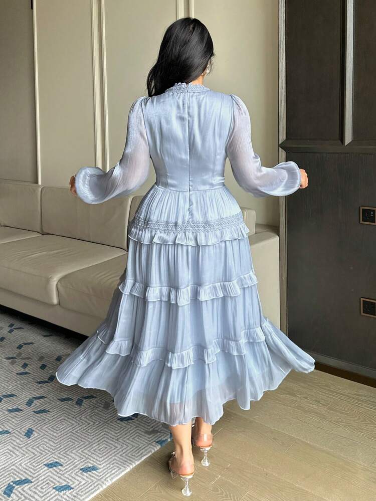 Dazy Plus V-Neck Lace Patchwork Frill Trim Layered Chiffon Waist Cinched Elegant Long Lantern Sleeve Plus Size Women Dress, Spring/Summer Maxi Dress Sundress