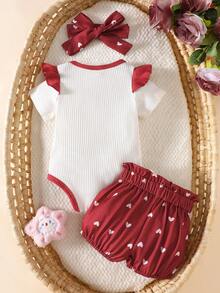 SHEIN Set de 3 piezas de mono con cuello redondo acanalado, pantalones y diadema con lazo bordada, estilo casual para bebé/niño pequeño, para primavera/otoño - Rojo y blanco - Ver 2