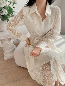 DAZY Women's Elegant Floral Embroidered Button Front Long Dress, Autumn - Ivory White - View 4