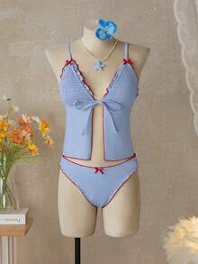 Bellisia Women's Summer Beach Frill Trim Tie Front Camisole Tankini Swimsuit Set - Multicolor - View 6