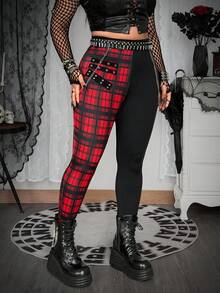 Whyspr Plus Size Punk Plaid Patchwork Eyelet Lace-Up Leggings, Spring/Summer - Multicolor - View 4