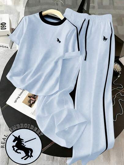 GlowEve 2pcs/Set Women's Fashion Round Neck Embroidered Print Contrast Trim T-Shirt, Casual Elastic Waist Embroidered Wide Leg Pants Set