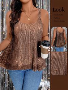 DreamSkyne 大码夏季时尚亮片圆领无袖宽松背心，适合新年假日派对穿着 - 棕色 - 查看 1
