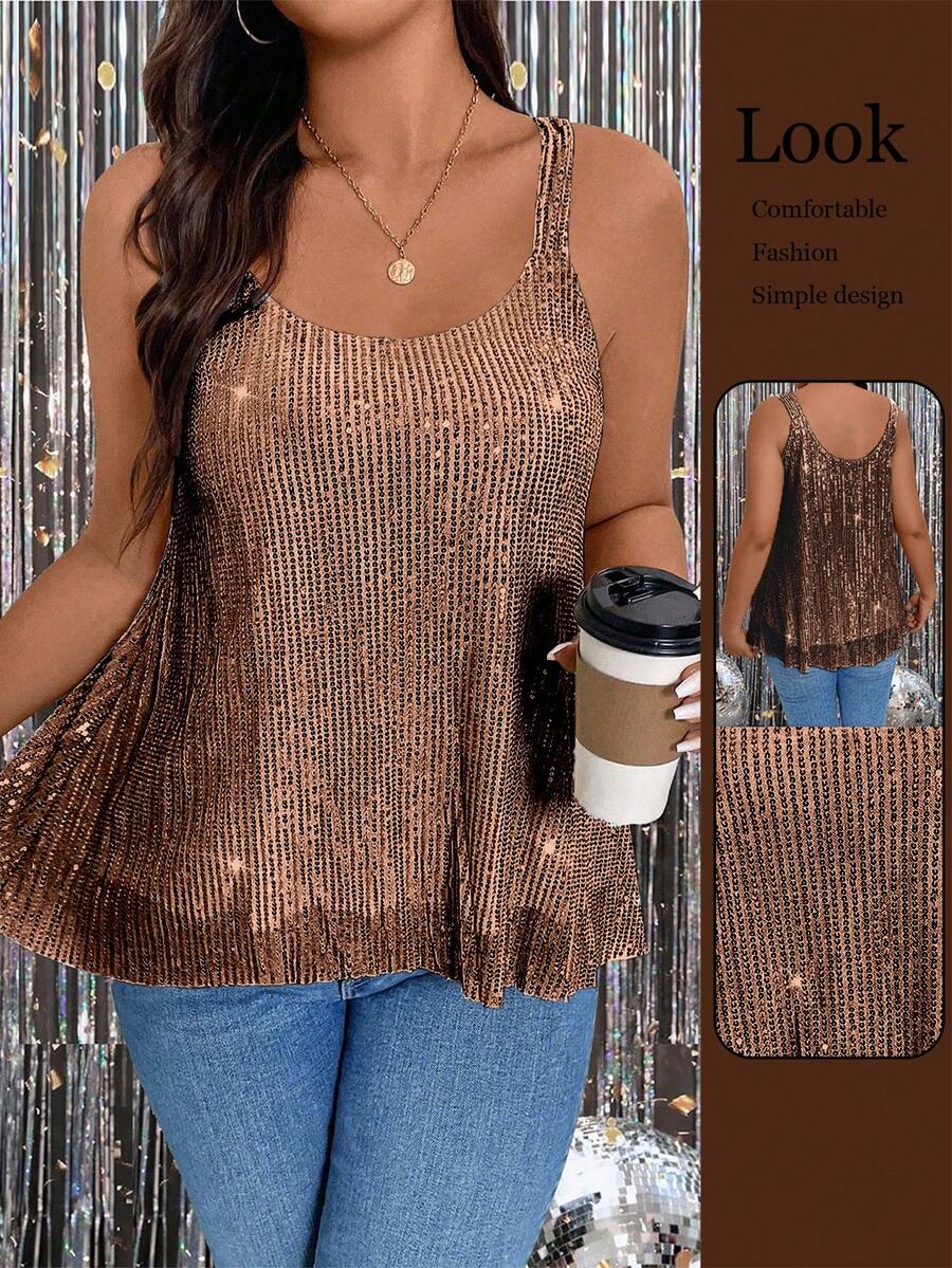 DreamSkyne 大码夏季时尚亮片圆领无袖宽松背心，适合新年假日派对穿着 - 棕色 - 查看 1