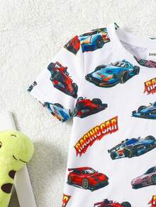 SHEIN Baby Boy Racecar Cartoon Print Casual Minimalist Snug Fit Crew Neck Short Sleeve Pants Pajama Set, Suitable For All Seasons - Multicolor - View 8