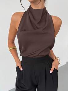 Firerie Spring/Summer New Elegant Casual Commuter Vintage Modern Asymmetrical Collar Sleeveless Halter Backless Bow Decor Fitted Black Blouse,Brown Top - Chocolate Brown - View 3