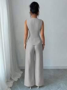 Selianne 女士优雅花卉纽扣装饰休闲/通勤套装 - 淺灰色 - 查看 2