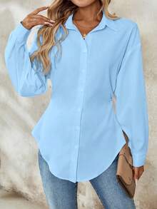 SHEIN Tall Kemeja Wanita Kasual Longgar Model Bahu Jatuh Lengan Panjang Warna Polos, Cocok untuk Perjalanan Sehari-hari di Musim Semi dan Gugur, Wanita Tinggi - Baby Blue - View 4