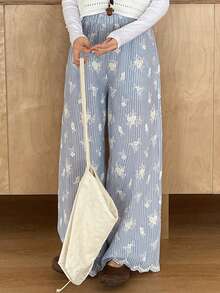 FRIFUL 女士条纹弹力腰棉质刺绣裤脚不规则直筒宽松休闲裤 - 藍色 - 查看 2