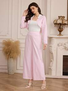 Modelyn Women's Korean Style Casual Pink Striped Lapel Long Sleeve Loose Top And High Waist Flowy Pants 2 Pieces Set - Pink - View 3