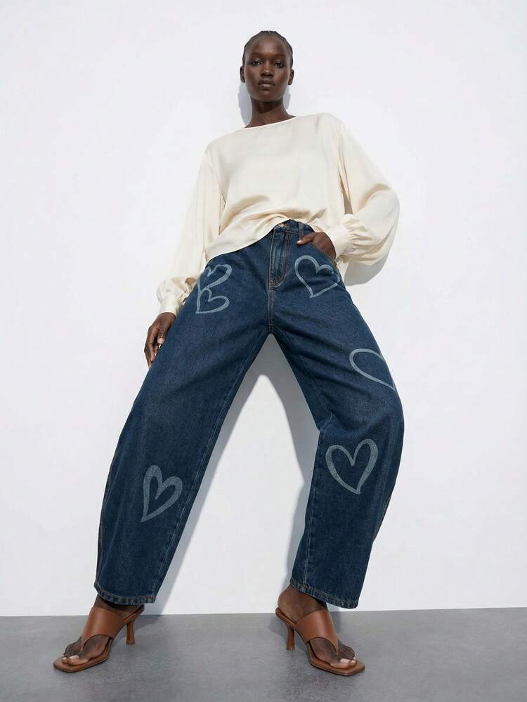 SHEIN Maija Women's Dark Blue Low-Rise Banana Pants With Heart Pattern, Perfect For A Casual Date. Baggy Y2k Streetwear