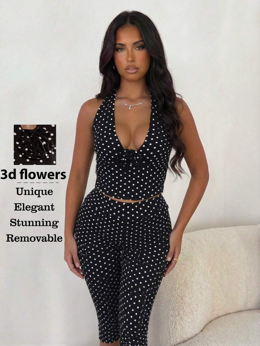 SHEIN Glamour 女士黑白波点针织套装，包含一件露背3D花朵蝴蝶结上衣和一条七分裤，时尚性感百搭的度假两件套。