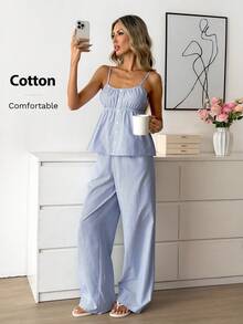 Easowa Bộ đồ 2 món dành cho nữ, gồm áo hai dây kẻ sọc xanh và quần ống đứng, thích hợp cho kỳ nghỉ. - Màu xanh lam - Xem 4