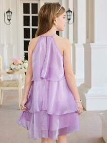 SHEIN Tween Girls' Elegant Woven Halter Neck Dress - Multicolor - View 7