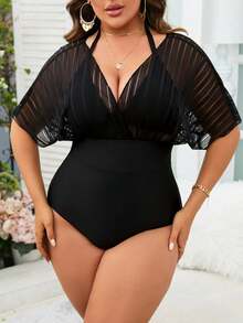 Swim Lushoire Summer Beach Plus Contrast Mesh One Piece Swimsuit - Black - View 5