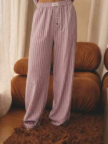 Aralina Sleepwear 2pcs Striped Collared Ruffle Neck Long Sleeve Balloon Sleeve Button Down Shirt And Wide Leg Long Pants Matching Set , Cute Cosy Christmas Pajamas - Dusty Pink - View 9