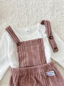 4pcs/Set Baby Girl Newborn 0-3T White,Summer,Basic,Cute,Matching Family Textured Ribbed Crew Neck Long Sleeve Bodysuit,Bib Overalls,Shorts,Hat&Tights - Multicolor - View 10