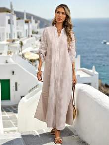 Breezaya 女士夏季休闲度假波西米亚简约宽松V领落肩长款条纹衬衫裙 - 卡其色 - 查看 3