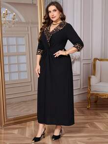 SHEIN Clasi 大码女式豹纹拼接七分袖扭腰优雅中长连衣裙 - 黑色 - 查看 6