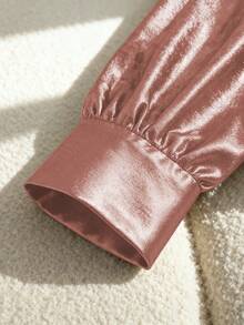 Franclia 优雅收腰交叉领长袖侧隐形拉链丝绒金色面料女士衬衫，秋冬款 - 粉色 - 查看 5