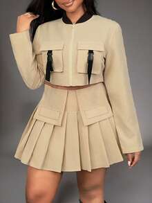 Slaydiva Women's Casual Utility Cropped Top And Pleated Skirt 2 Pieces Set, Autumn - Khaki - View 3