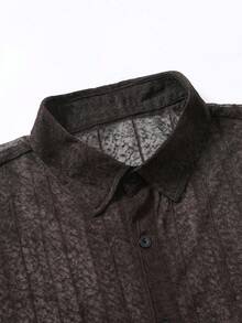 男士薄纱长袖单排扣衬衫，舒适柔软，休闲衬衫 - 咖啡棕 - 查看 3