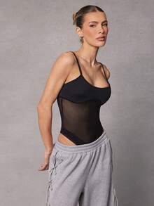 Hauture 女士纯色网眼拼接性感吊带背心 - 黑色 - 查看 4