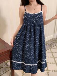 DAZY 女士花卉蕾丝拼接无袖吊带睡裙 - 藏蓝色 - 查看 5