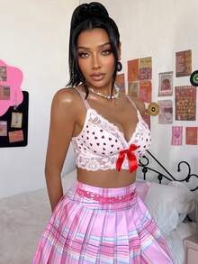 Eraneu 1pc Women's Lace Patchwork Wireless Bra, Valentine's Day - Pink - View 4