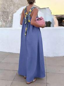 SHEIN LUNE Plus Size Women's Lemon Print Contrast Color Backless Casual Dress, Spring/Summer - Blue - View 2