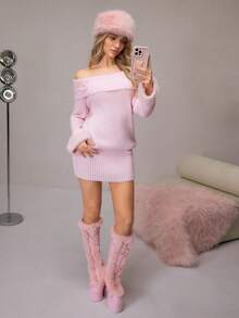SHEIN 女士纯色3D立体花卉装饰露肩休闲长袖睡衣上衣 - 粉色 - 查看 5