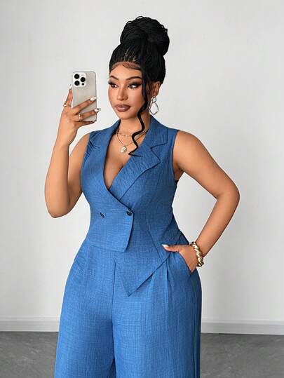 Maweii بدلة نسائية أنيقة ذات قصة غير متماثلة الحواف، مصنوعة من نسيج مُنسوج بنمط قماش الجينز الصناعي، ذات ياقة بدلة، إغلاق أمامي مزدوج، خصر مطاطي، جيوب جانبية، قطعتين مناسبة للحفلات، المهرجانات الموسيقية، الأزياء اليومية، ليلة المواعدة، عيد الحب، العطلات، الذهاب إلى العمل