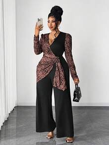 Maweii Bộ jumpsuit dài tay cổ chữ V chéo phối họa tiết da báo dáng rộng thanh lịch dành cho nữ cỡ lớn - Nhiều màu - Xem 1