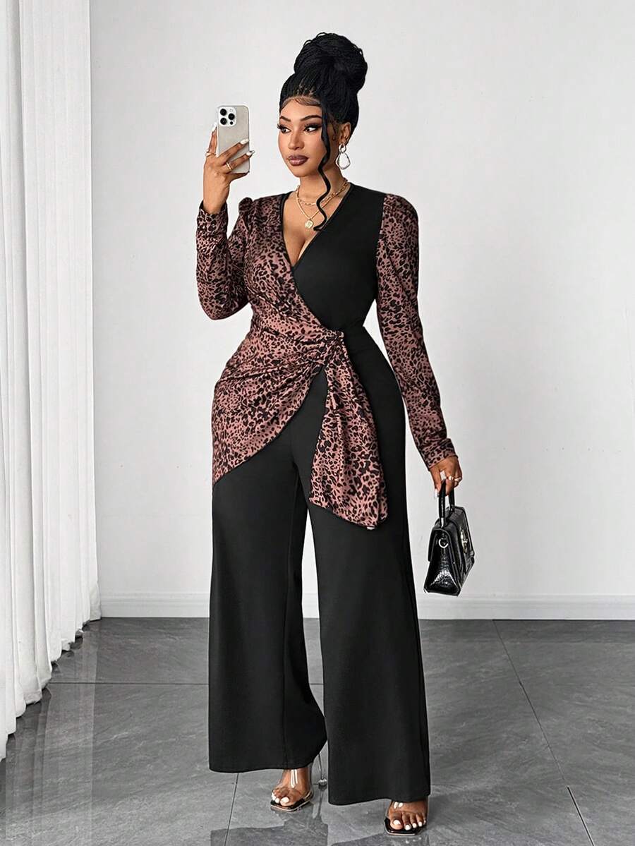 Maweii Bộ jumpsuit dài tay cổ chữ V chéo phối họa tiết da báo dáng rộng thanh lịch dành cho nữ cỡ lớn - Nhiều màu - Xem 1