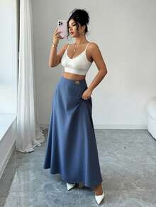 Elenzga 优雅复古风高腰喇叭裙，蓝色亚麻质感面料，金属扣装饰，舒适百搭，适合日常穿着 - 藍色 - 查看 4