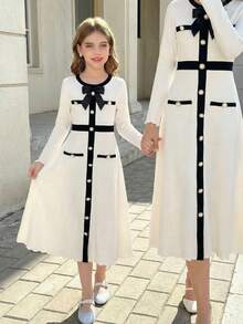 Serisse Kids 少女蝴蝶结装饰撞色长袖连衣裙 - 黑與白 - 查看 6