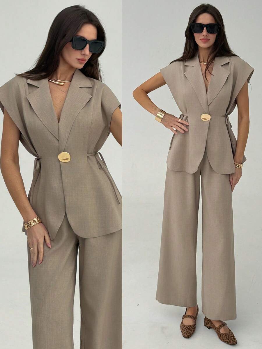 Aloruh Bộ đồ công sở thường ngày dành cho nữ, màu trơn, cổ chữ V, thắt eo, đính kim loại, gồm áo vest và quần ống rộng. - Màu Khaki - Xem 1