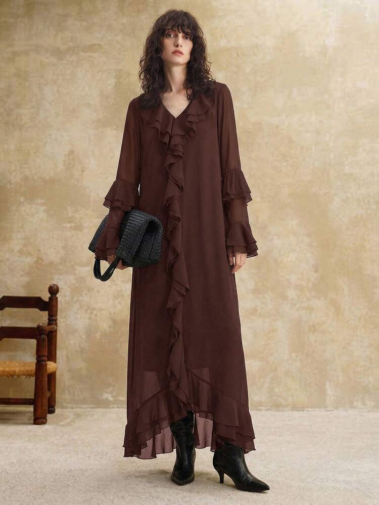 2026 New Women's Long Dress, Casual Commute Solid Color Ruffle Hem Minimalist Elegant Dress, Suitable For Holiday Party, Guest, Wedding, Teacher, Back To School, Valentine's Day, Holiday, Wedding Guest Attire, Button, Urban Chic, Women's Office Wear, V-Neck All-Season Versatile Modern Urban Fashion Business Casual Women's Wear Office Attire Understated Old-Money Style, Elegant And Sophisticated, High-Quality Commuter And Airport Women's Wear