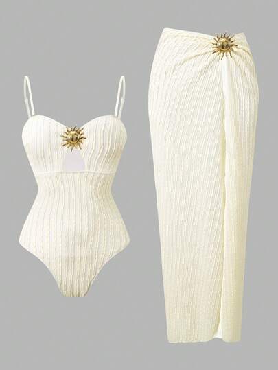 Swim Oasis 褶皱连体泳衣，饰有太阳图案，性感度假风，及踝长度