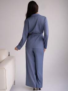 Andrea Bello 2025春秋新款时尚优雅休闲/办公室通勤金属扣腰长袖外套+直筒宽松阔腿裤西装套装 - 霧霾藍 - 查看 2