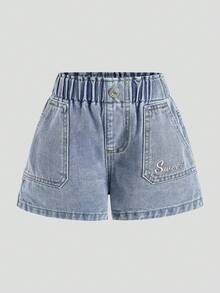 Young Girls Washed Denim Casual Elastic Waist Butterfly Embroidered Wide Leg Blue Denim Shorts, Summer - Blue - View 5