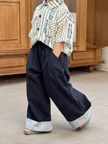 DAZY Contrast Striped Cuffed Hem Loose Wide-Leg Jeans, Casual Daily Commute Vacation Style For Young Boys