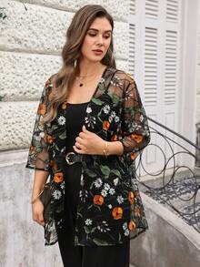 EMERY ROSE Veste décontracté polyvalente en mousseline de soie avec broderie florale, grande taille - Multicolore - Voir 2