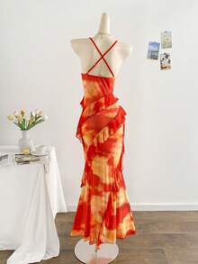 Soleia Đầm nữ in họa tiết hoa cổ điển nhiều màu sắc, cổ xếp ly, gấu đầm bồng bềnh, kiểu dáng đi nghỉ mát. - trái cam - Xem 2