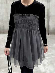 FRIFUL Women's Round Neck Velvet Layered Mesh Ruffle Hem T-Shirt - Black - View 3